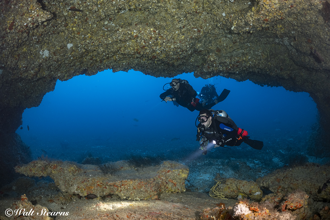 Shooting at a depth of 145 feet can get tricky when trying to get a proper balance between frontal strobe lighting and background ambient light levels. For this exposure camera settings on my D850 were at 1/125 sec. with the ISO set at 580. Aperture on my Nikonos R-UW 13mm fisheye lens at f/6.7, Retra Prime strobe power setting in manual at slightly less than half power.
