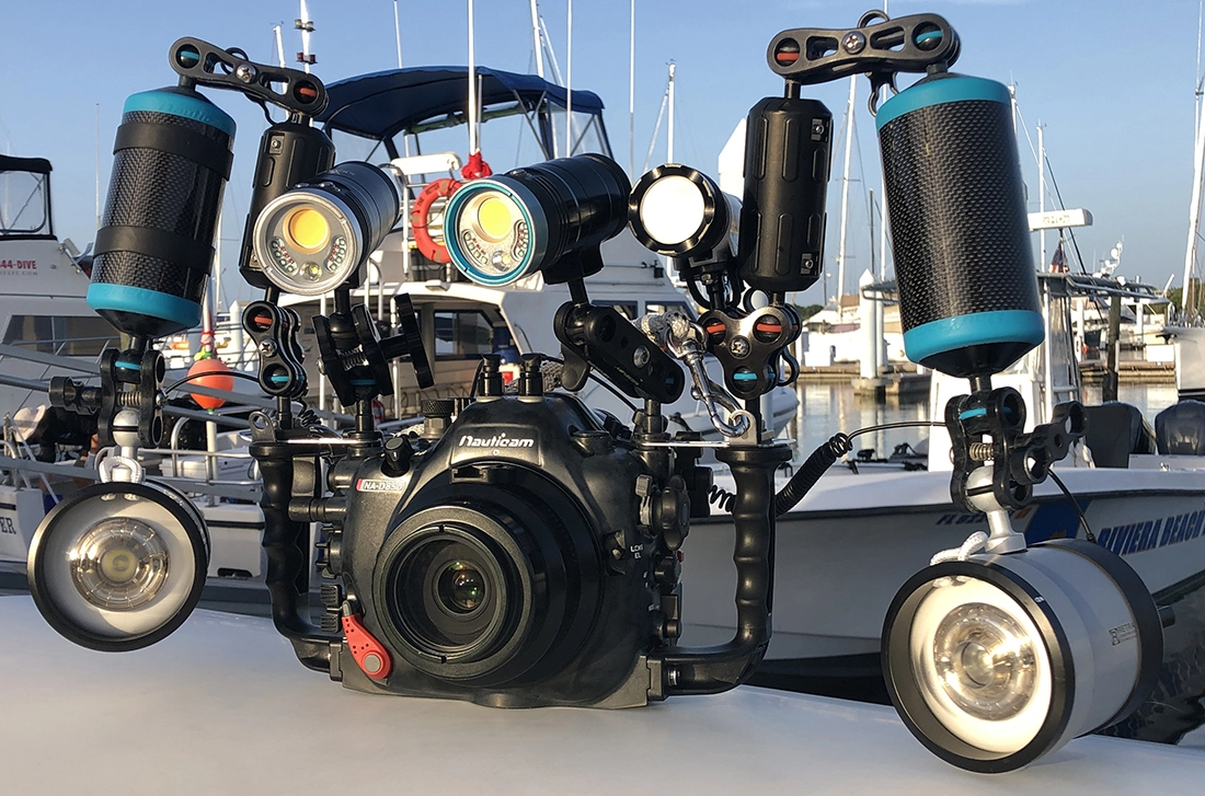 All dressed up and ready for a blackwater dive. My Nikon D850 system with two Retra Prime underwater strobes setup for some blackwater macro photography.