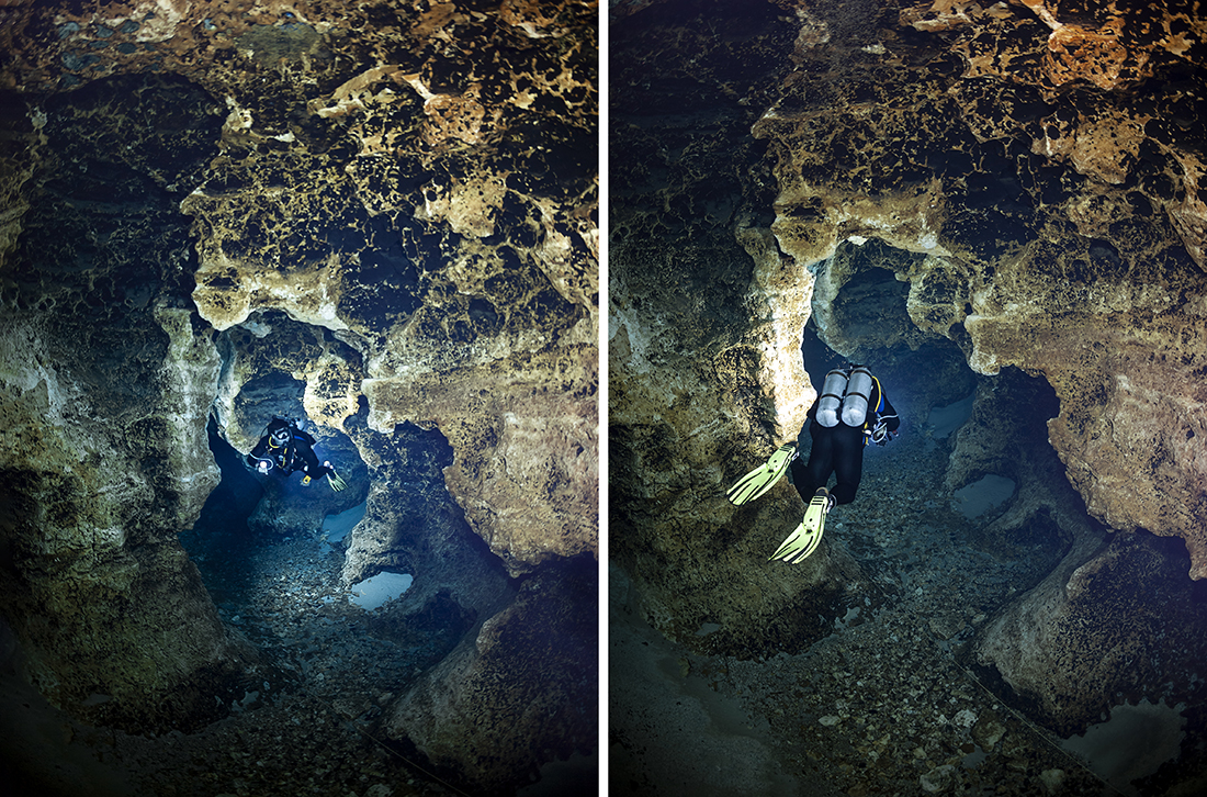 Diving the Passages between the Junction Room and the Bone Room of the Devil’s Ear cave system at Ginnie Springs.