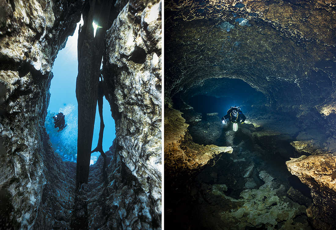 Just a few hundred feet from the Devil’s Ear entrance (Left), the cave system (right) begins to branch into a series of looping tunnels that branch off into still more passages that extend more than a mile underground and would require hundreds of dives to fully explore.