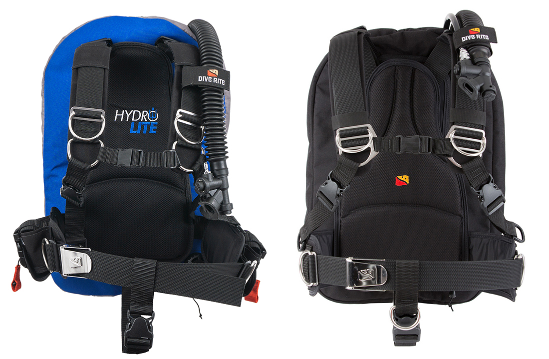 Dive Rite’s newer Hydro Lite BCD (left) next to its predecessor the TravelPac BCD (right).