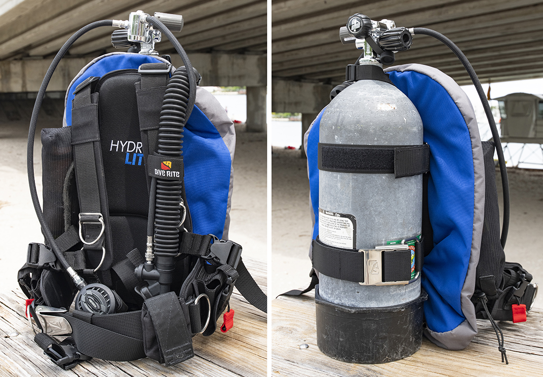 Dive Rite Hydro Lite BCD with a high pressure steel 80 cu.ft. tank ready for a dive at the Blue Heron Bridge in West Palm, Florida.
