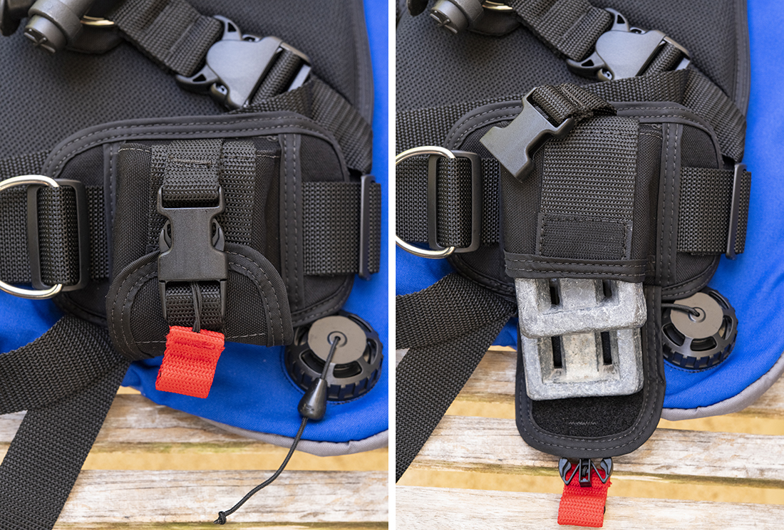 The Hydro Lite also comes with an integrated weight system with quick release pulls designed to easily accommodate 6 pounds per side in traditional block or shot filled soft pack. To make the integrated weight system lower profile, Dive Rite ditched the more conventional weight holding holsters with large pull handles and instead used a clever approach by looping a small pull handle into the retainer buckle itself that secures the weights in place. Should the weights need to be ditched in an emergency, one quick tug releases the buckle completely.