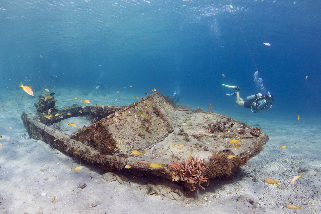 During the incoming tide, the color and clarity of the water can get mighty inviting as shown at the small boat wreck near the Blue Heron Bridge’s eastern short bridge.