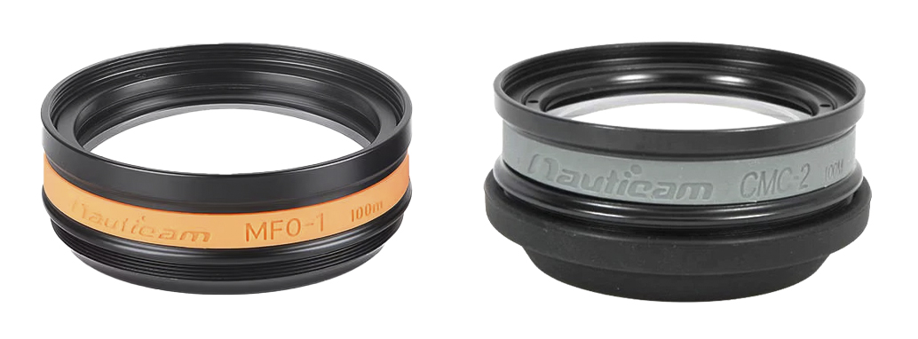 Nauticam MFO-1 next to a CMC-2. While Nauticam’s Compact Macro Converter 2 (CMC-2) features a 2.8x magnification, the MFO-1 provides only slight boost up to 1.2x magnification with macro lenses in the 90 to 105mm range, but that’s not its primary function.