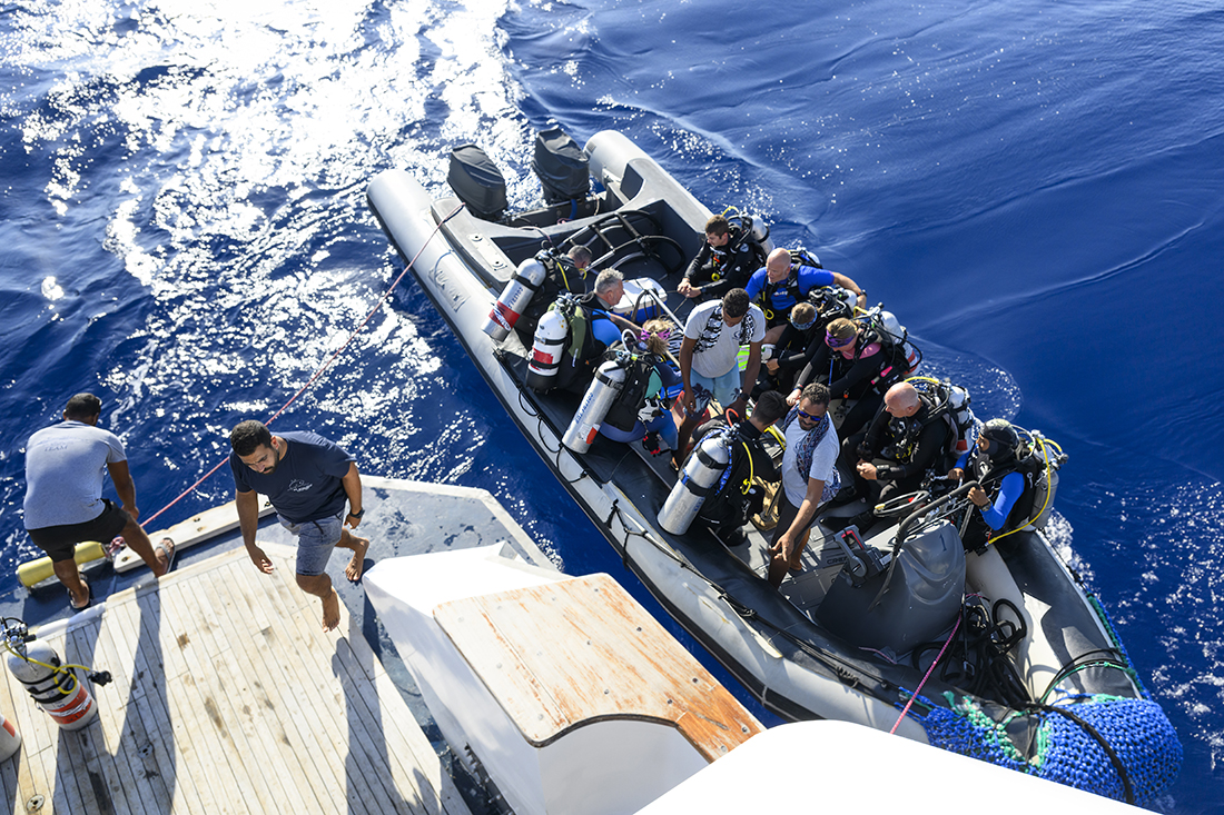 The Scuba Scene primarily serves as a mothership using two large 26-foot, twin outboard powered ridged hull inflatables (RIBs), big enough to carry 12 divers plus two dive guides and a driver.