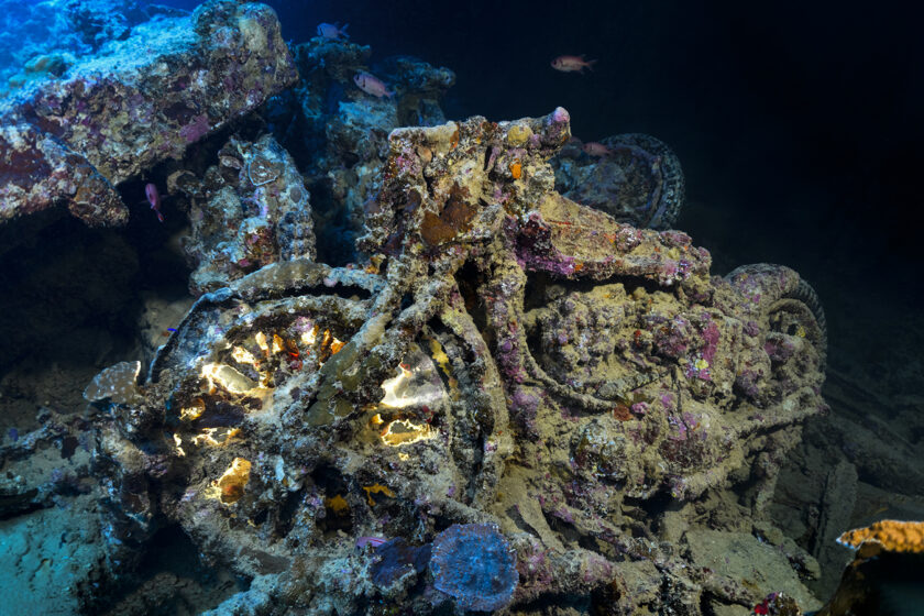 One of the many motorcycles in the holds of the Thistlgorm wreck in the northern Red Sea.