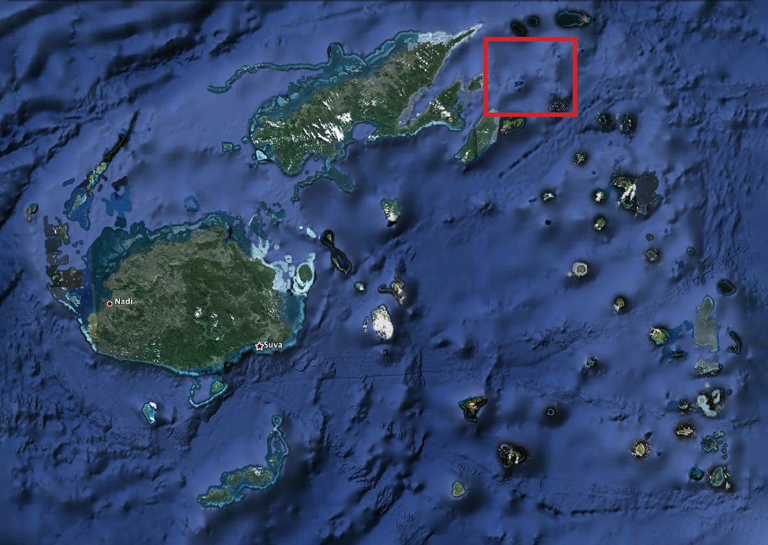 The red square marking the general area in Ringold Islands region east of Fiji’s second largest island, Vanua Levu where the whale cave was first discovered by Nigel and Carol Douglas during a scouting trip for new dive sites for their live aboard the Matagi Princess.