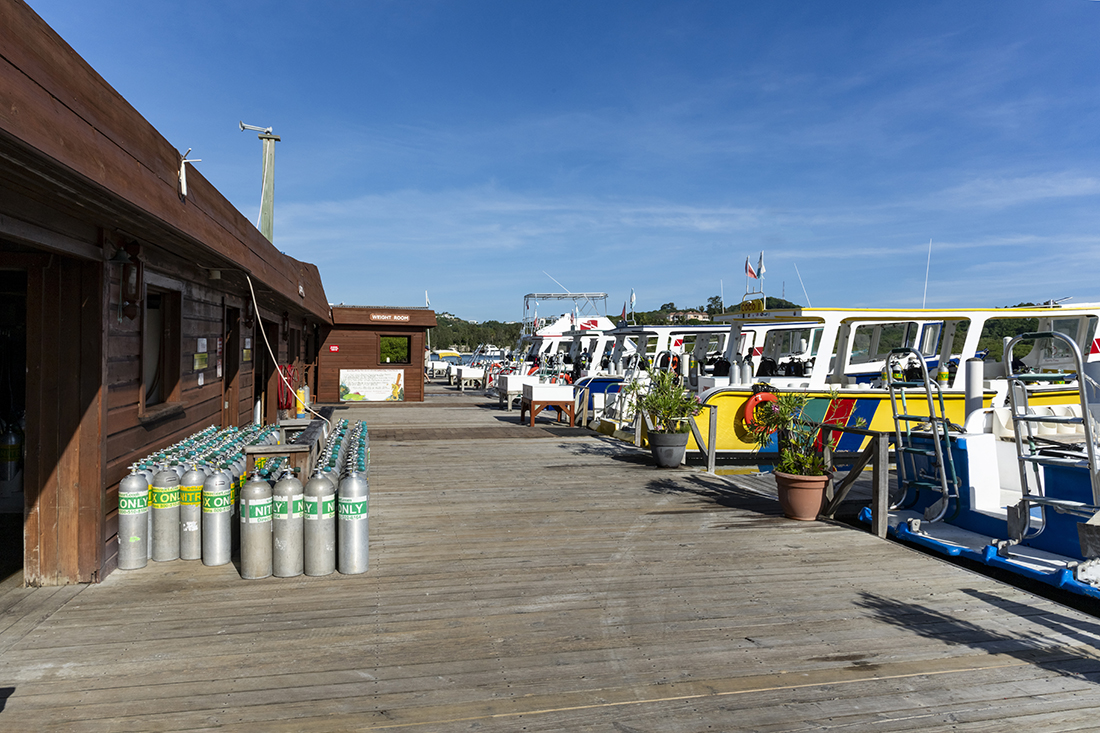 Coco View Resort's dive center featuring a dedicated camera room and six "garage-style" gear staging rooms facing their dock where 6 dedicated dive boats await.