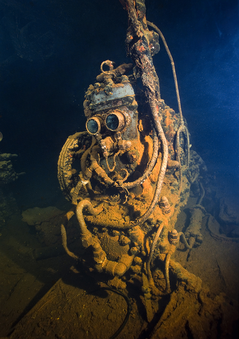 The rusted out remains of a air-compressor down near the engine room of the Fujikawa Maru in Truk Lagoon